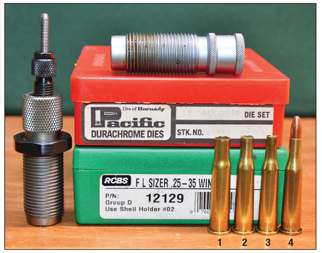 Cases are easily formed from 30-30 Winchester brass: (1) Starline 30-30 case, (2) necked-down with RCBS 25-35 Winchester die, (3) necked-down with Pacific 22 Hi-Power die and (4) trimmed to a length of 2.045 inches and loaded.